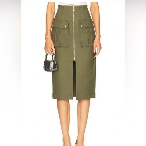 Veronica Beard Dallas Zip-Front Cargo Midi Skirt – Stone/Army Green, Size 4 - Picture 1 of 5
